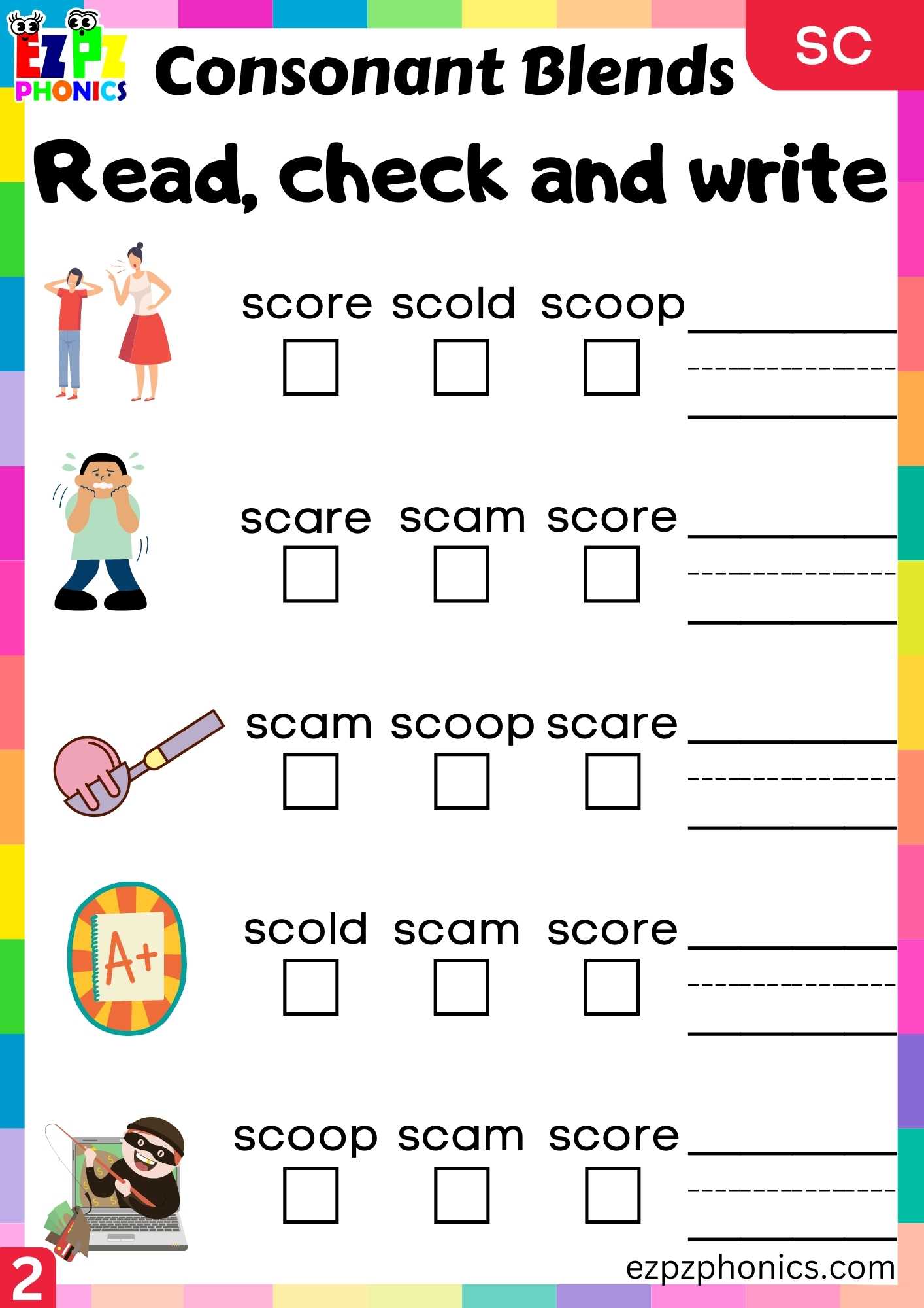 Group2 SC Words Read, Check And Write Phonics Consonant Blends Worksheet